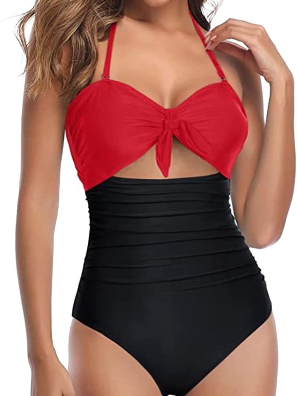 NWT Tie-Front Red & Black One-Piece Swimsuit S BS141